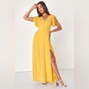 Lulus Much Obliged Golden Yellow Wrap Maxi Dress size small retails $74